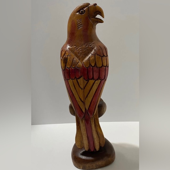 Hand-Carved Wooden Bird Sculpture 14.5" Tribal Style Hawk Figurine Decor - Picture 1 of 10